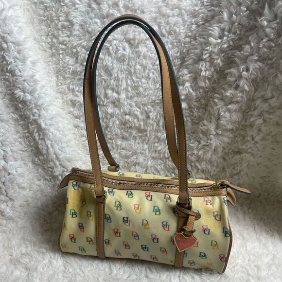 Dooney & Bourke PVC Multi color logo Bagette shoulder bag. Tan leather trims - Picture 1 of 16